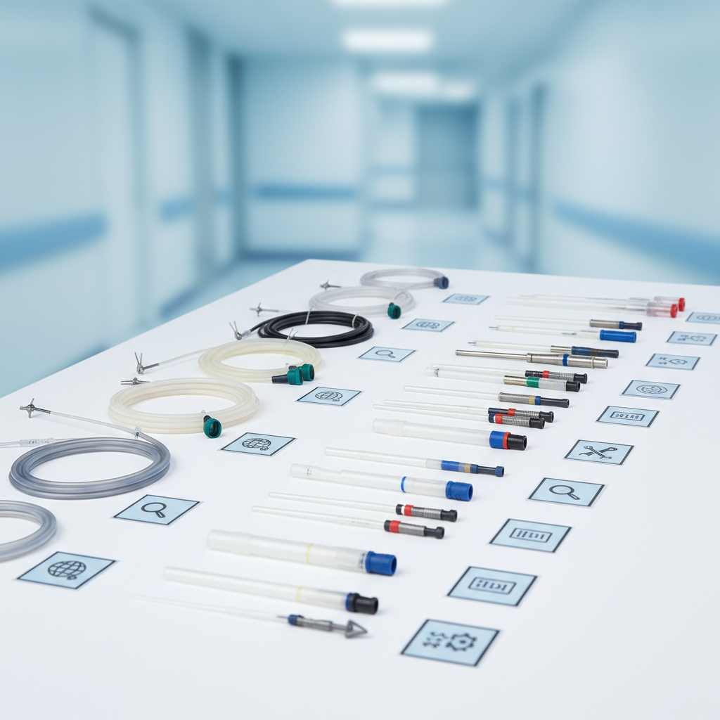 A close-up, photographic realistic view of a curated selection of hemodynamic products laid out on a white clinical surface, arranged like an educational catalog. Angioplasty balloons, diagnostic and guiding catheters, introducer sheaths, and closure devices are lined up in parallel rows, with small icon-based cards next to each item symbolizing supplier contact and technical documentation, without using text. Soft studio lighting from the left creates gentle shadows and highlights the textures of polymer tubing, metallic braiding, and color-coded hubs. The background fades into a subtle, out-of-focus gradient of blues and whites, evoking a hospital environment. Shot at eye level with a shallow depth of field, the atmosphere is calm, precise, and instructive, ideal for a vademecum-style overview of available insumos for hemodynamics.