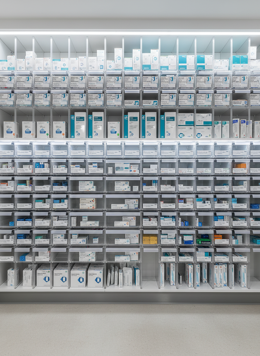 A high-detail, photographic realism image of a sterile storage wall dedicated to hemodynamics in a hospital supply room. Transparent pull-out drawers and vertical bins are filled with organized boxes of coronary stents, vascular plugs, radial access kits, and contrast injectors, each box showing abstract icons hinting at brand and supplier contact without readable logos. Cool white LED strip lighting inside the shelving creates crisp illumination, revealing textures of cardboard, plastic, and foil. Shot straight-on with a slight wide-angle lens, the image captures multiple rows from floor to ceiling, emphasizing abundance and structured categorization. The atmosphere is efficient, reliable, and up-to-date, visually communicating that all insumos and provider information for the specialty are easy to locate and systematically maintained.