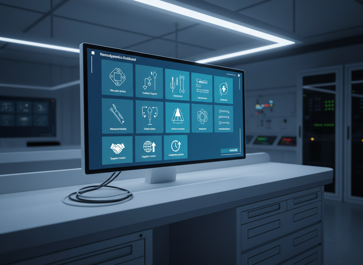 A wide, panoramic photographic view of a digital hemodynamics reference dashboard displayed on a sleek, frameless medical-grade monitor mounted in a clean control room. The interface shows a structured grid of product categories, schematic icons of catheters and stents, and symbol-based tiles for supplier contact and updated availability, all without legible text. The monitor sits on a smooth, light-gray console with neatly coiled cables and labeled storage drawers beneath, suggesting organized insumos. Cool, even overhead lighting combined with the soft glow of the screen creates a focused, high-tech atmosphere. Shot from a slightly elevated three-quarter angle, with the background control equipment gently blurred, the composition communicates fast, intuitive access to hemodynamics supplies, vendors, and educational resources in a professional, modern setting.